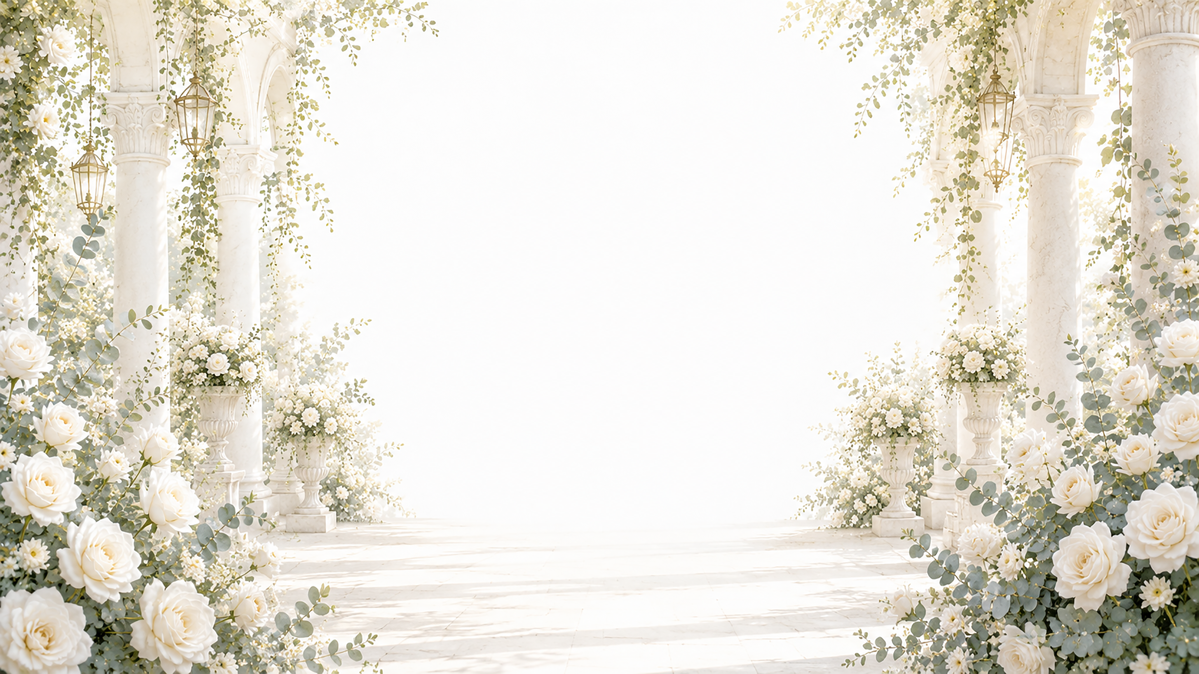 ホワイトローズ回廊背景・フレームイラスト【無料・高画質】White Collection93747に写真・文字を入れる