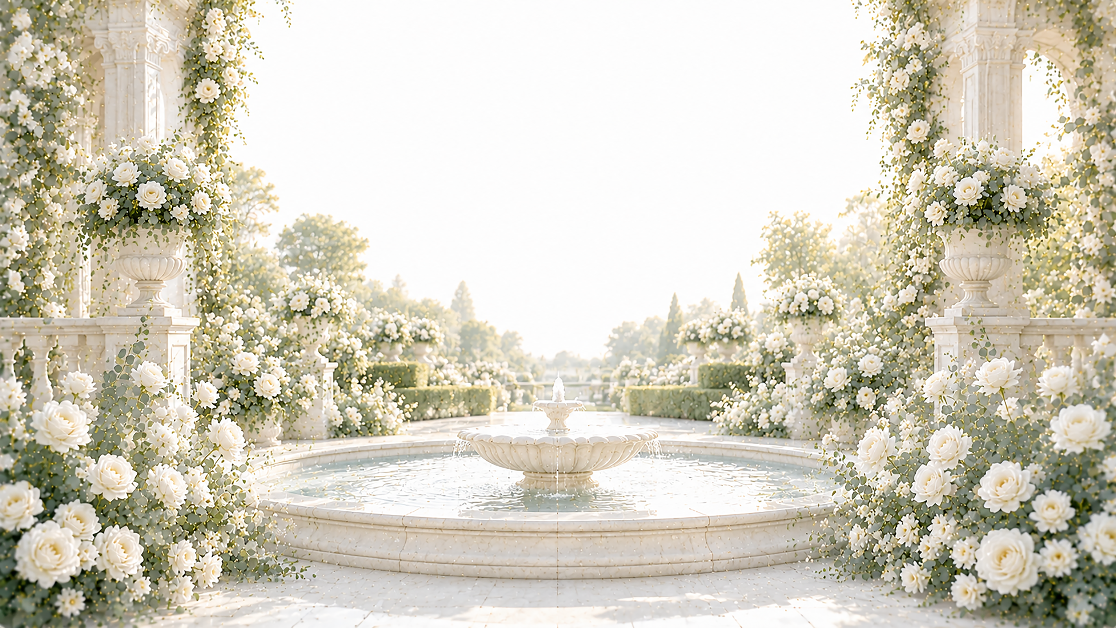 ホワイトローズ噴水背景・フレームイラスト【無料・高画質】White Collection93748に写真・文字を入れる