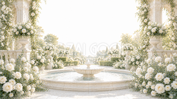 ホワイトローズ噴水背景・フレームイラスト【無料・高画質】White Collection93748