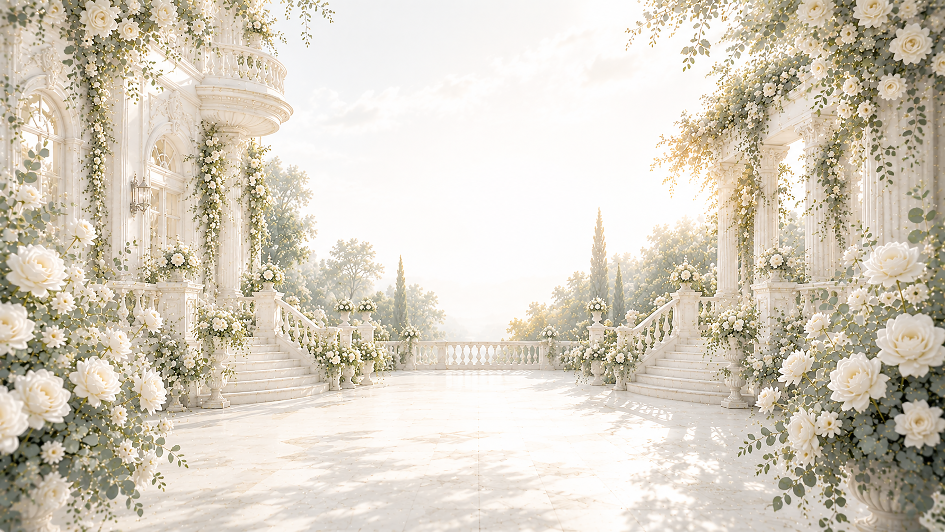 ホワイトローズ宮殿背景・フレームイラスト【無料・高画質】White Collection93753に写真・文字を入れる