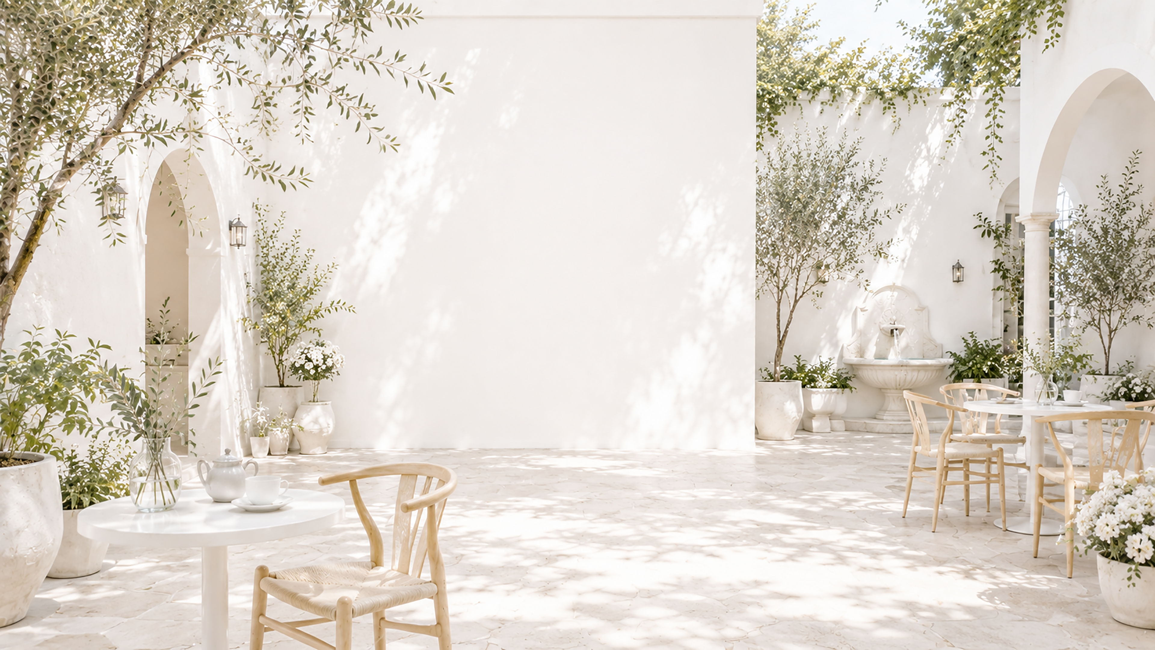中庭カフェ背景素材【無料・高画質】White Courtyard Cafe　93787に写真・文字を入れる