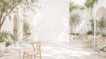中庭カフェ背景素材【無料・高画質】White Courtyard Cafe　93787