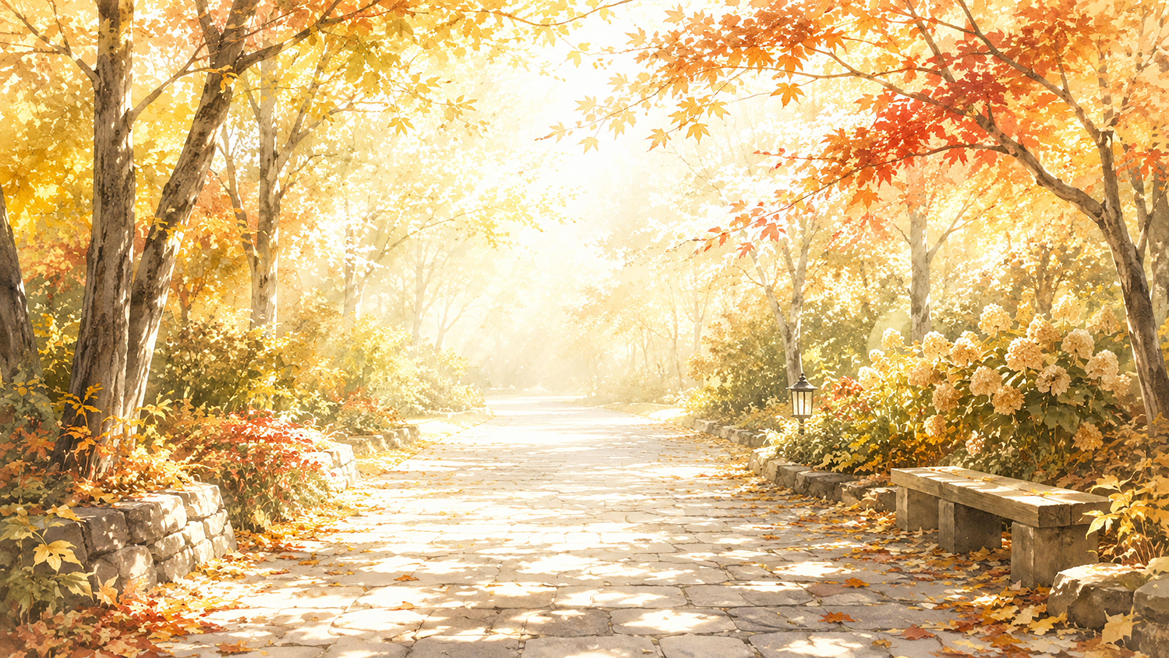 黄金色の（紅葉・もみじ）森の遊歩道背景【無料・高画質】秋の木漏れ日背景イラスト93794に写真・文字を入れる