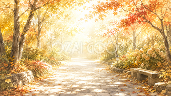 黄金色の（紅葉・もみじ）森の遊歩道背景【無料・高画質】秋の木漏れ日背景イラスト93794
