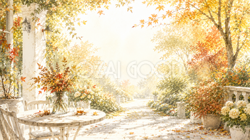 秋の（紅葉・もみじ）ガーデンテラス背景【無料・高画質】木漏れ日背景イラスト93795
