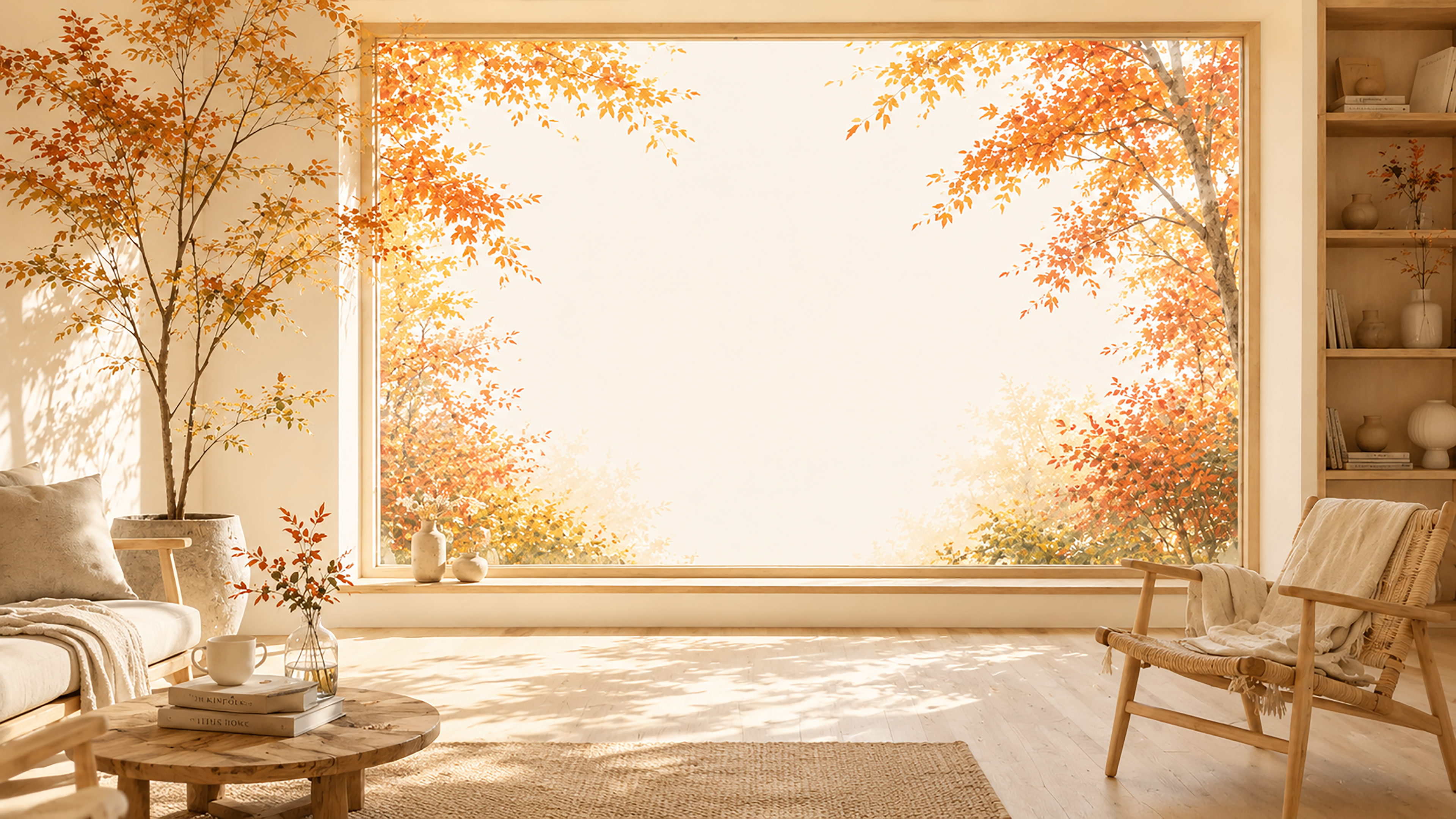 紅葉・もみじを眺める大きな窓背景【無料・高画質】秋のリビング背景イラスト93796に写真・文字を入れる