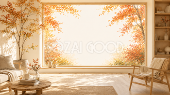 紅葉・もみじを眺める大きな窓背景【無料・高画質】秋のリビング背景イラスト93796