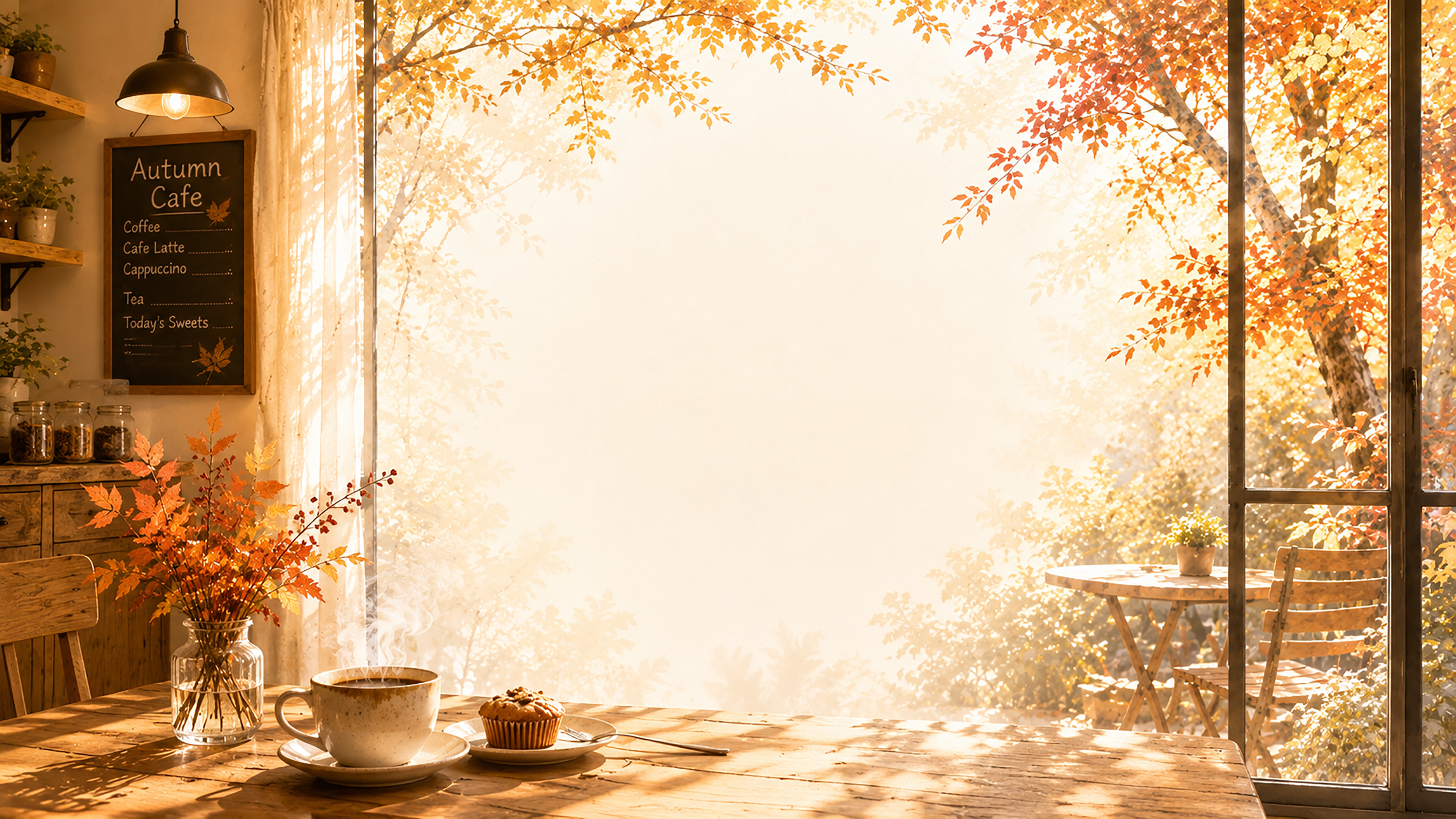 秋カフェの（紅葉・もみじ）朝背景【無料・高画質】木漏れ日カフェ背景イラスト93797に写真・文字を入れる