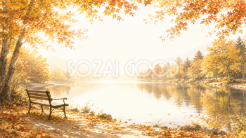 秋の（紅葉・もみじ）湖畔背景【無料・高画質】木漏れ日風景イラスト93798
