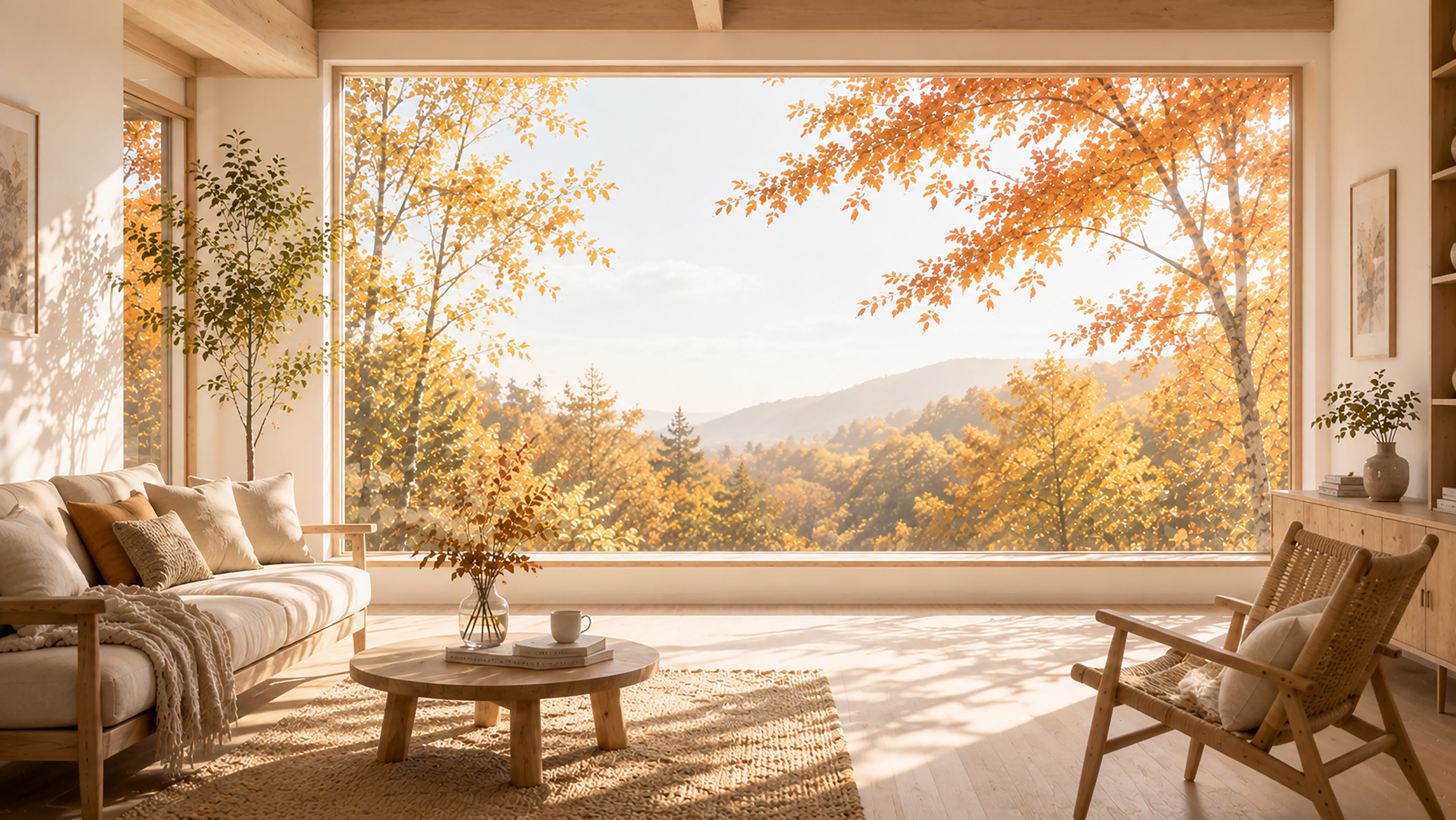 北欧リビングと（紅葉・もみじ）背景【無料・高画質】秋インテリア背景イラスト93800に写真・文字を入れる