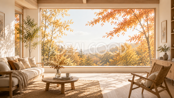 北欧リビングと（紅葉・もみじ）背景【無料・高画質】秋インテリア背景イラスト93800
