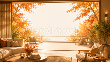 秋の（紅葉・もみじ）リゾートラウンジ背景【無料・高画質】ホテルテラスイラスト93803