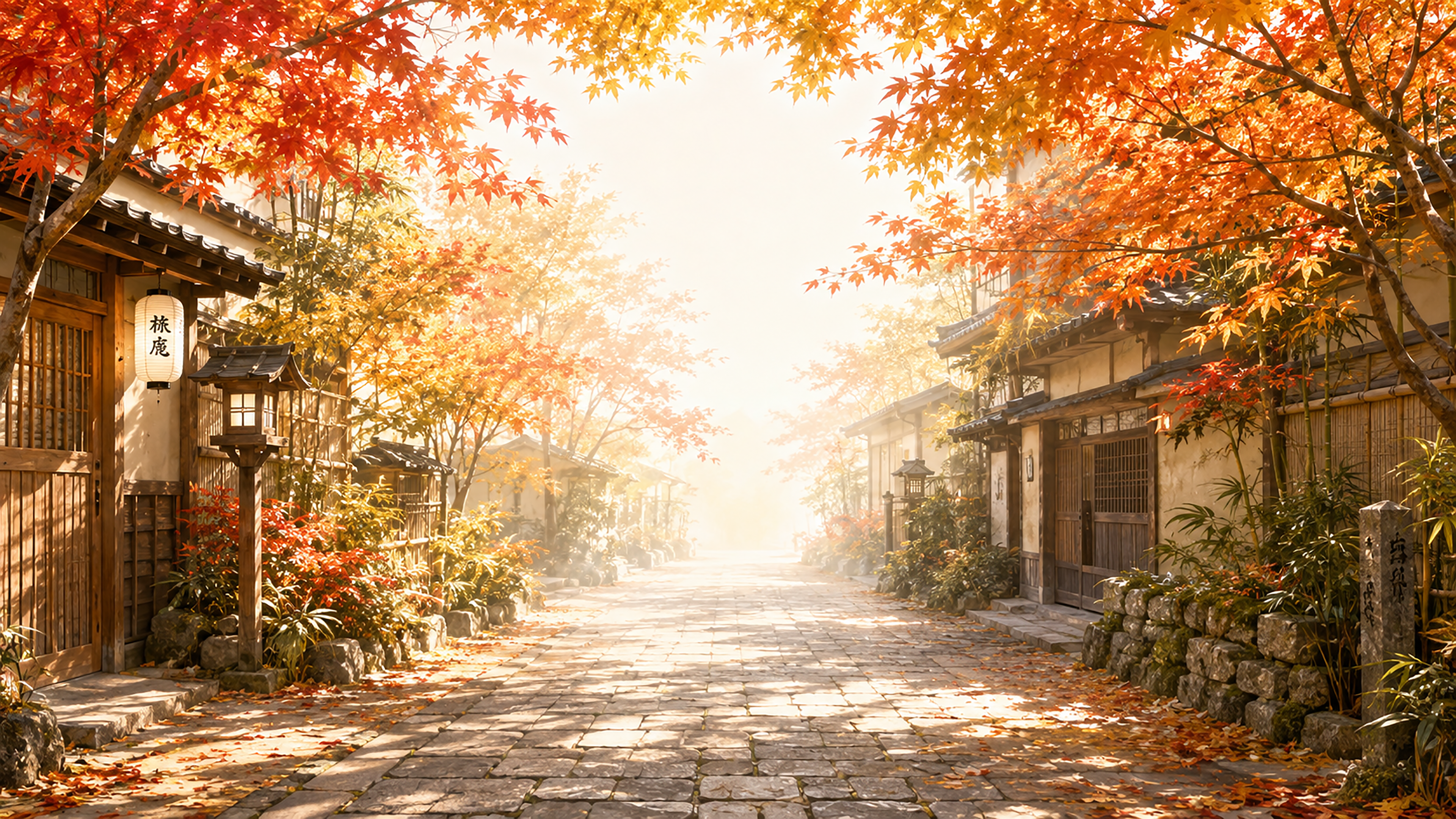 京都の石畳と（紅葉・もみじ）背景【無料・高画質】和風秋背景イラスト93807に写真・文字を入れる