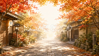 京都の石畳と（紅葉・もみじ）背景【無料・高画質】和風秋背景イラスト93807