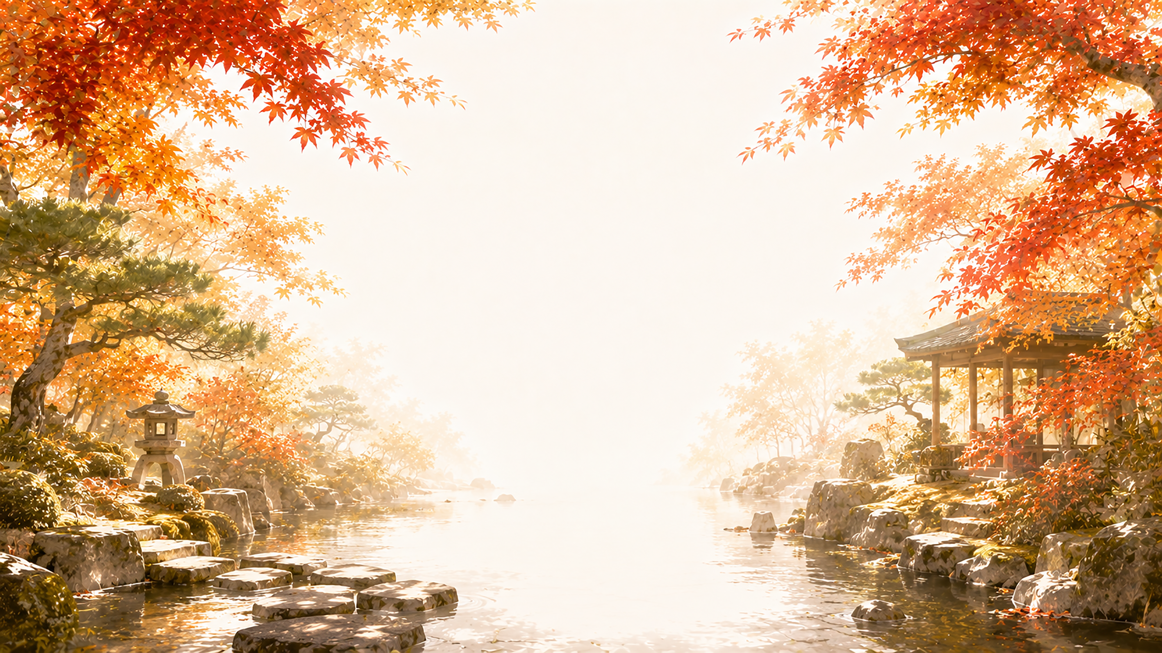 紅葉・もみじの日本庭園背景【無料・高画質】和風庭園イラスト93809に写真・文字を入れる