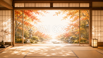 和室から眺める（紅葉・もみじ）庭園背景【無料・高画質】旅館風イラスト93810