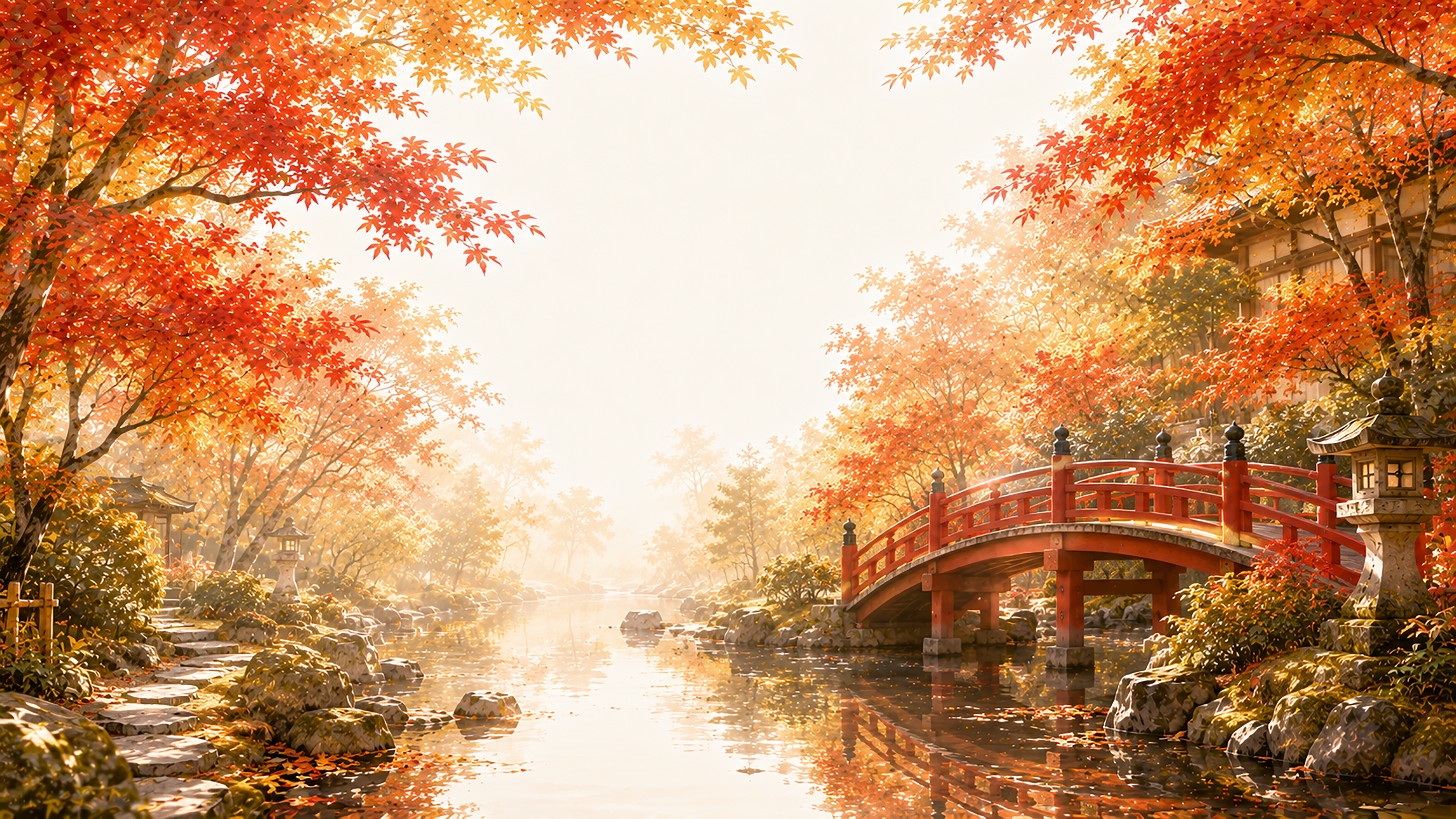 赤い橋と（紅葉・もみじ）背景【無料・高画質】秋の日本庭園イラスト93811に写真・文字を入れる