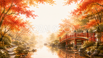 赤い橋と（紅葉・もみじ）背景【無料・高画質】秋の日本庭園イラスト93811