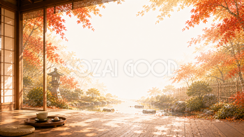 縁側から眺める（紅葉・もみじ）背景【無料・高画質】和風秋イラスト93812