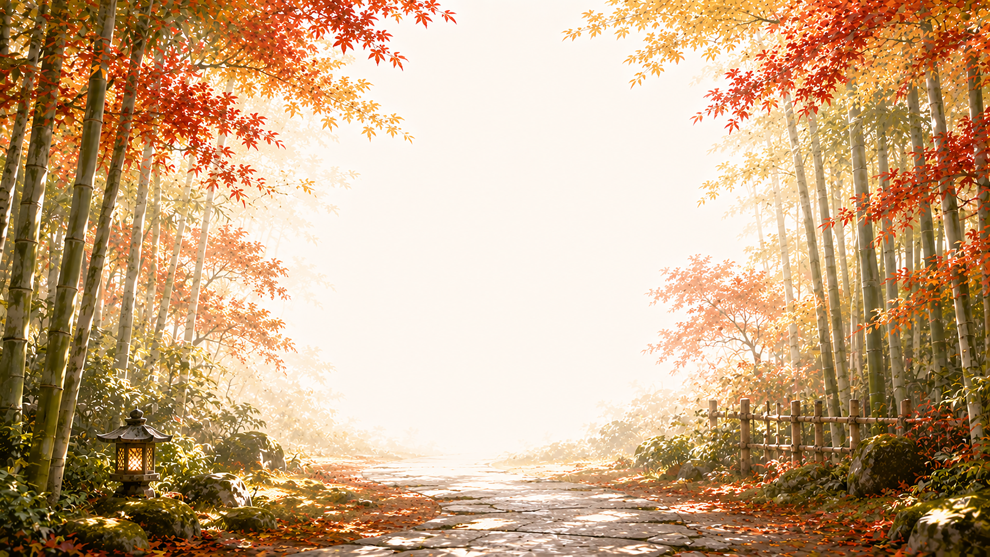 竹林と（紅葉・もみじ）の小径背景【無料・高画質】和モダン秋イラスト93813に写真・文字を入れる