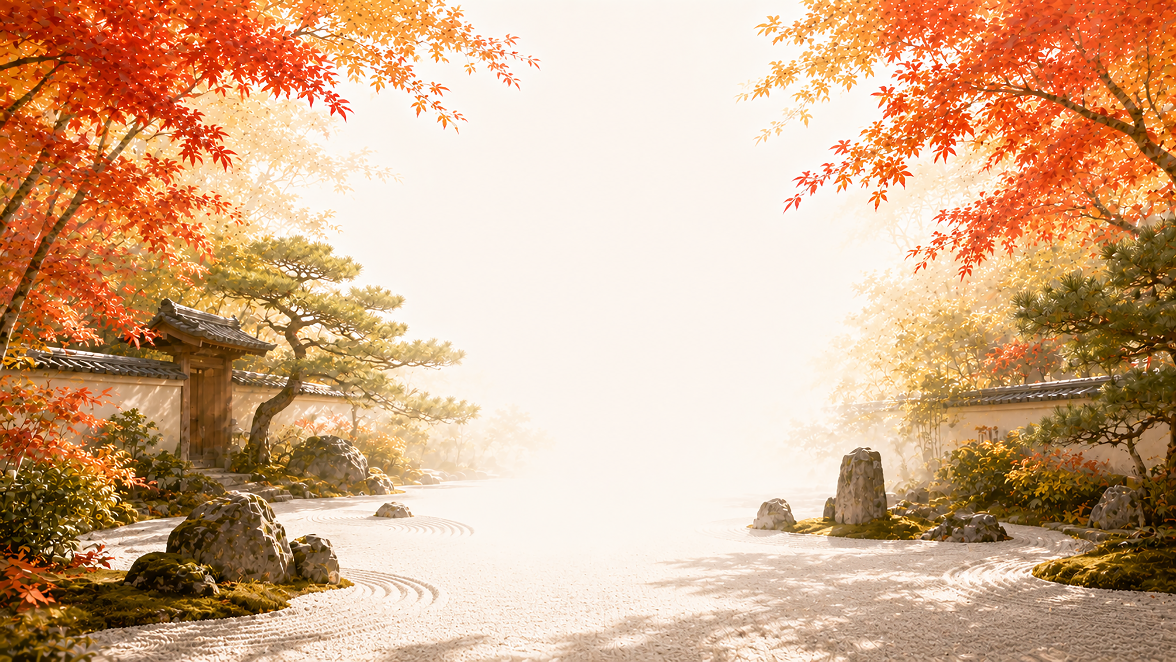 枯山水庭園と（紅葉・もみじ）背景【無料・高画質】和風庭園イラスト93814に写真・文字を入れる