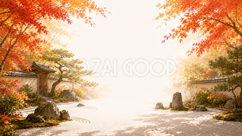 枯山水庭園と（紅葉・もみじ）背景【無料・高画質】和風庭園イラスト93814