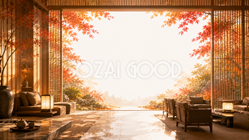 和モダンラウンジ（紅葉・もみじ）背景【無料・高画質】紅葉の和風インテリアイラスト93815