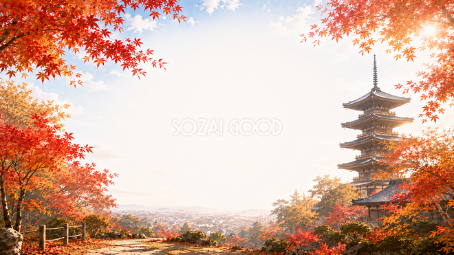 五重塔と(紅葉・もみじ)背景【無料・高画質】秋の和風風景イラスト93816