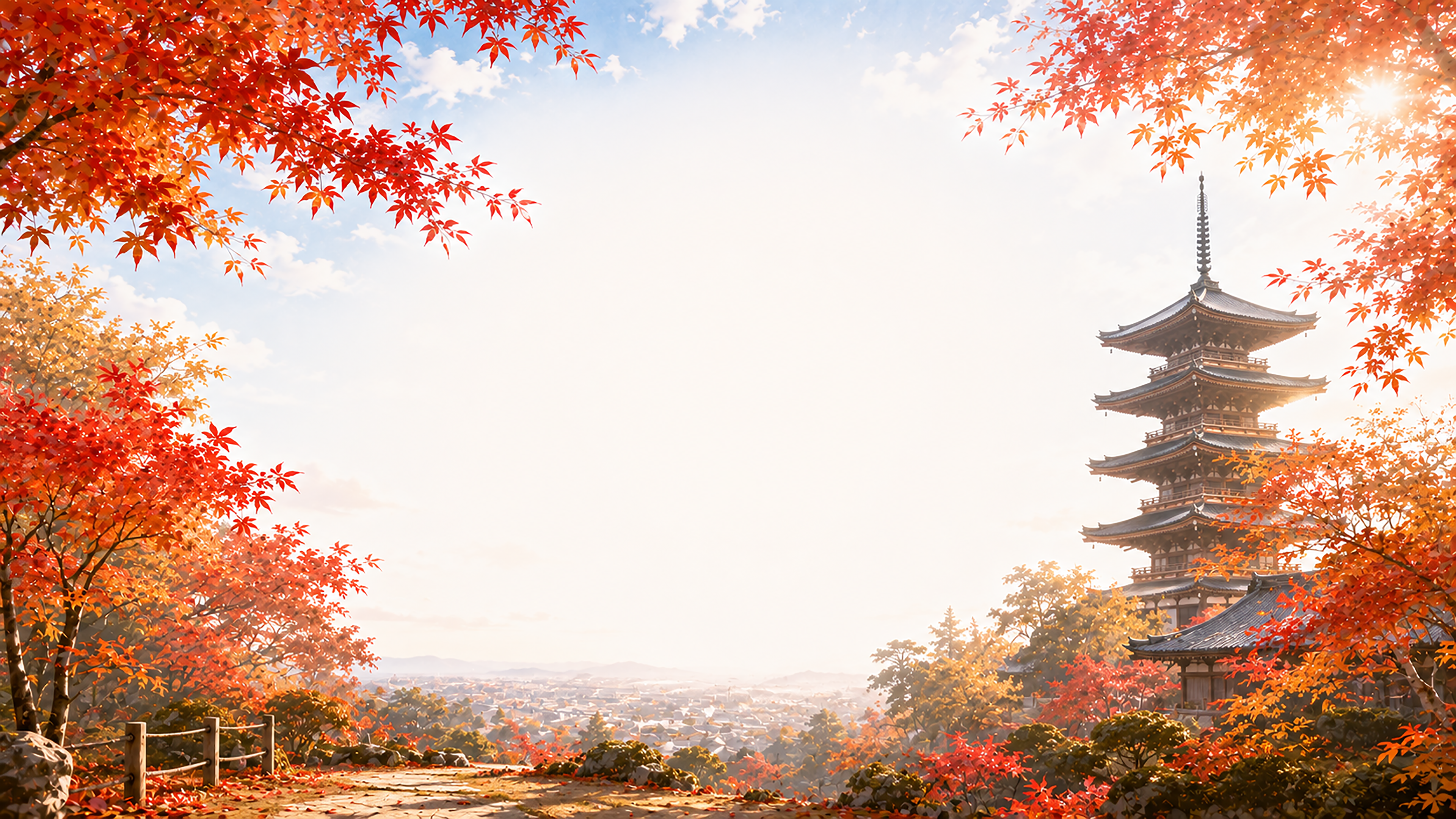 五重塔と（紅葉・もみじ）背景【無料・高画質】秋の和風風景イラスト93816に写真・文字を入れる