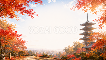 五重塔と（紅葉・もみじ）背景【無料・高画質】秋の和風風景イラスト93816