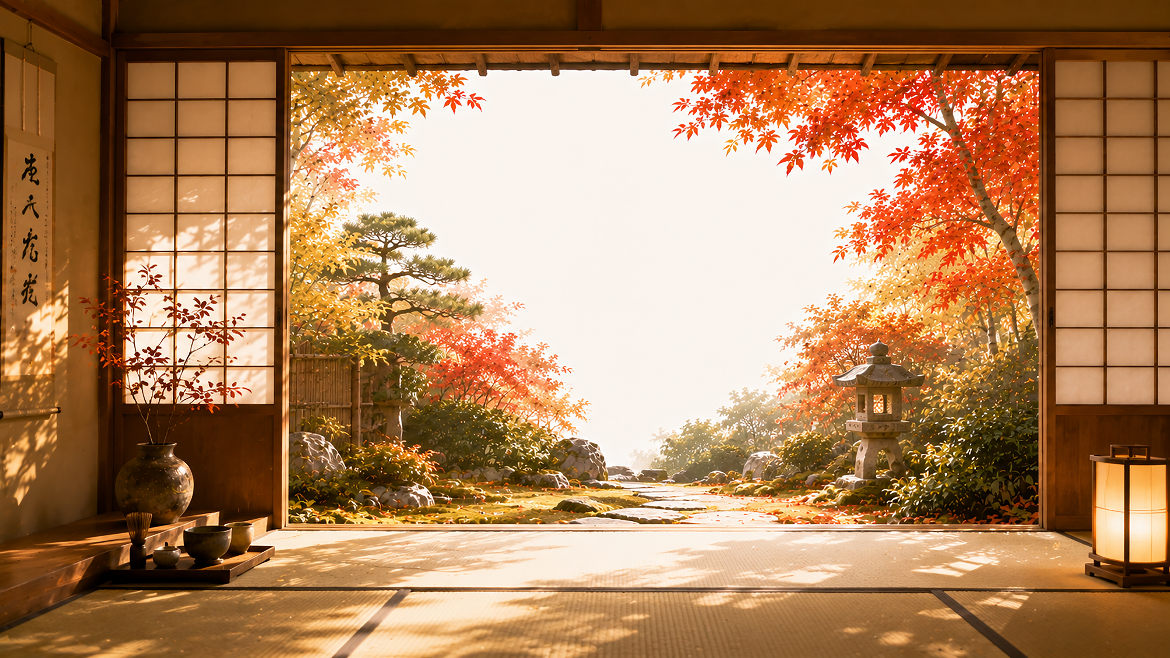 茶室と（紅葉・もみじ）庭園背景【無料・高画質】和風秋イラスト93817に写真・文字を入れる
