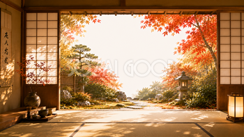茶室と（紅葉・もみじ）庭園背景【無料・高画質】和風秋イラスト93817