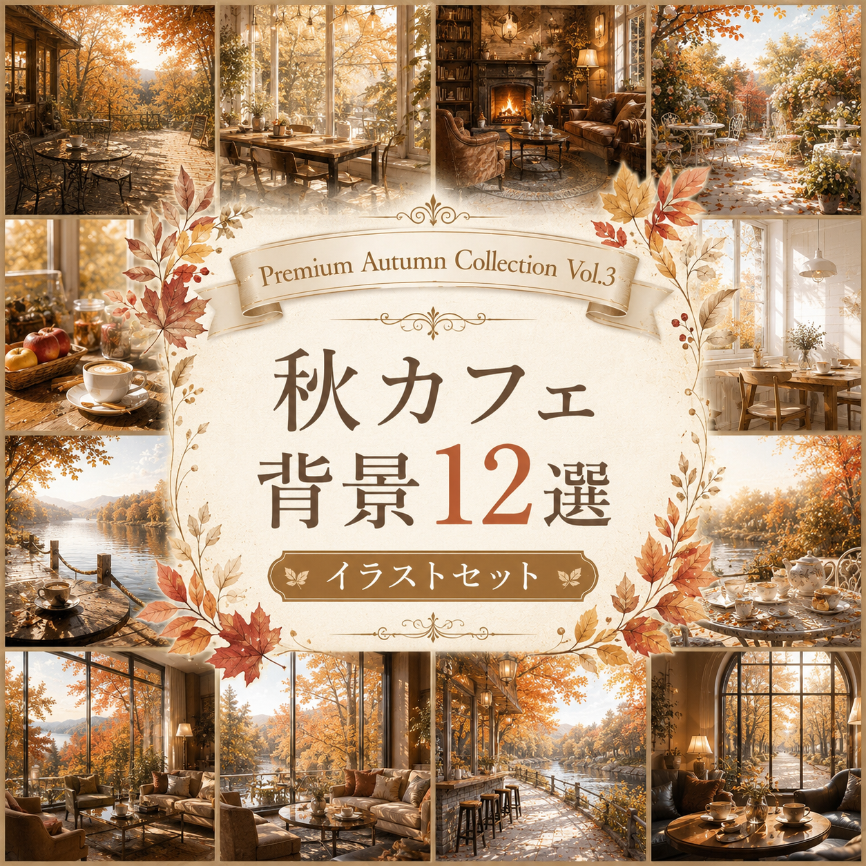 秋カフェ背景イラスト 12選【無料・高画質】紅葉・もみじのカフェ背景素材｜Premium Autumn Collection Vol.3　93819に写真・文字を入れる