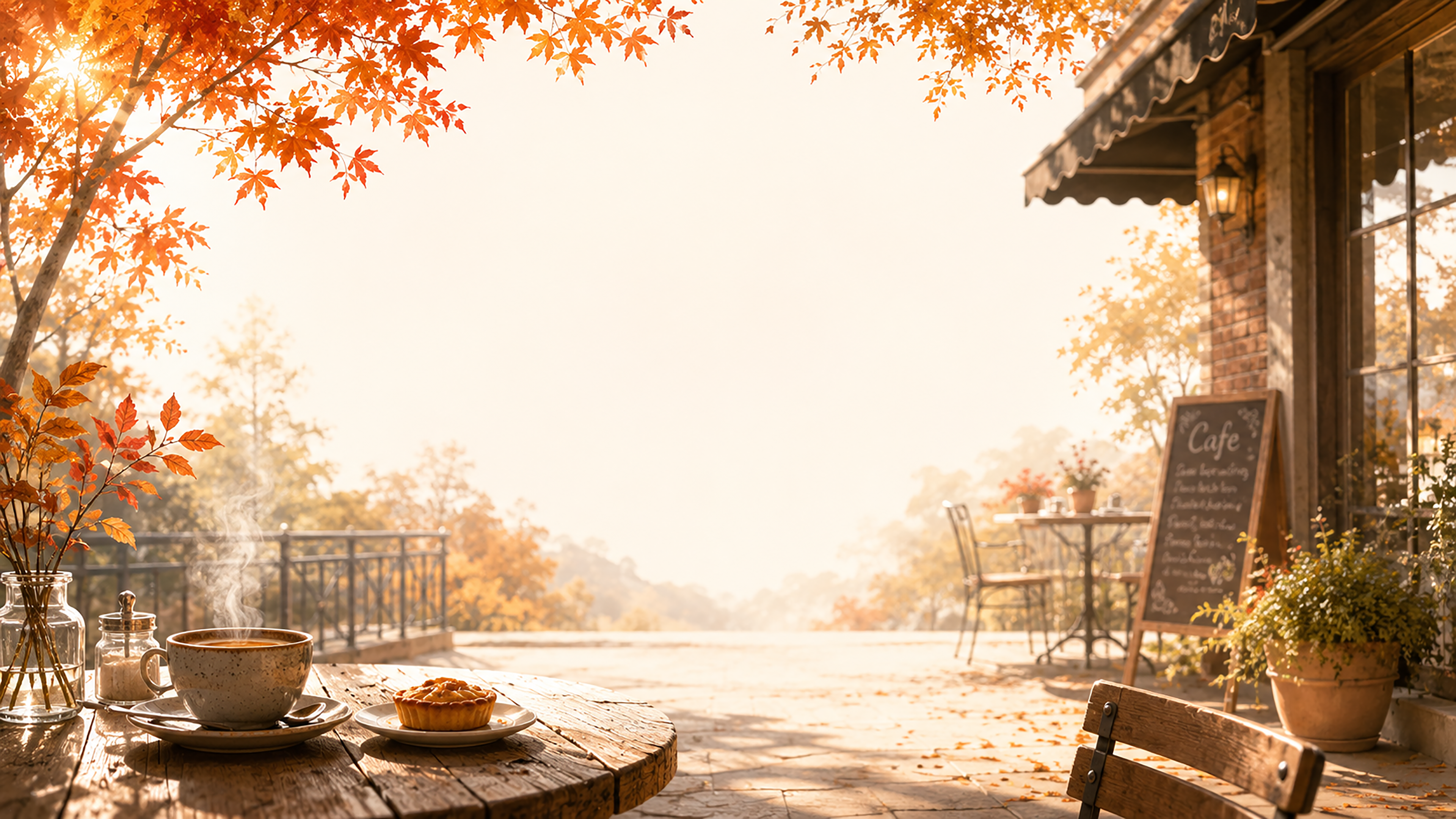 朝の秋カフェ背景イラスト【無料・高画質】紅葉・もみじと木漏れ日の背景素材93820に写真・文字を入れる