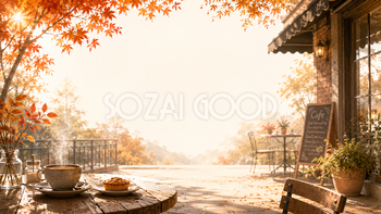 朝の秋カフェ背景イラスト【無料・高画質】紅葉・もみじと木漏れ日の背景素材93820