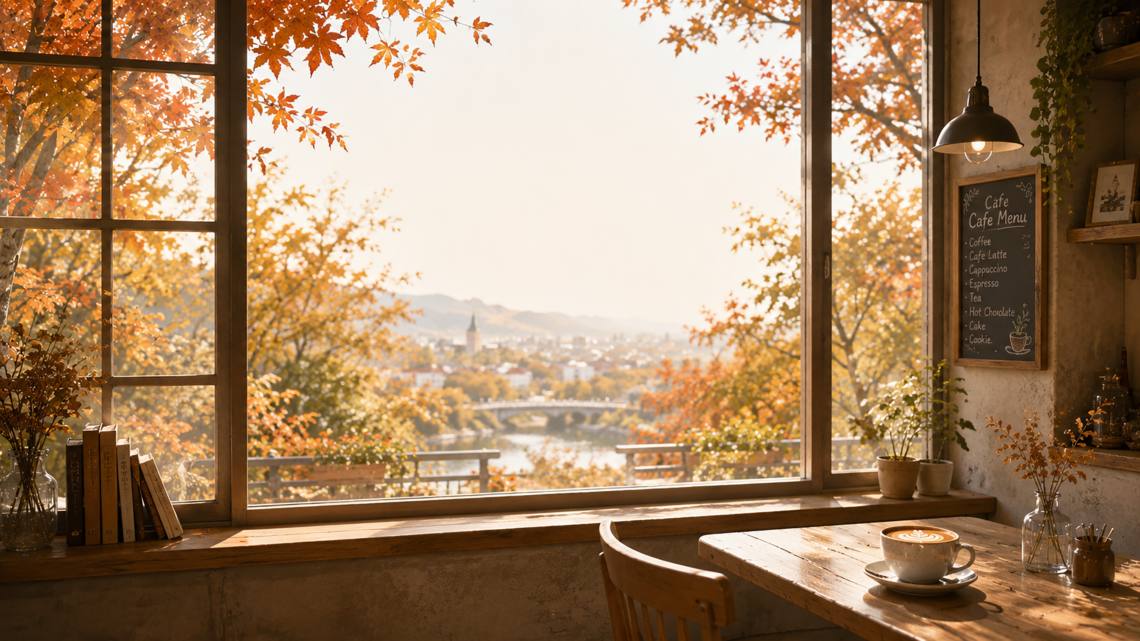 窓際カフェ背景イラスト【無料・高画質】紅葉・もみじが見える秋背景素材93821に写真・文字を入れる