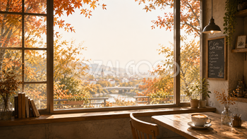 窓際カフェ背景イラスト【無料・高画質】紅葉・もみじが見える秋背景素材93821