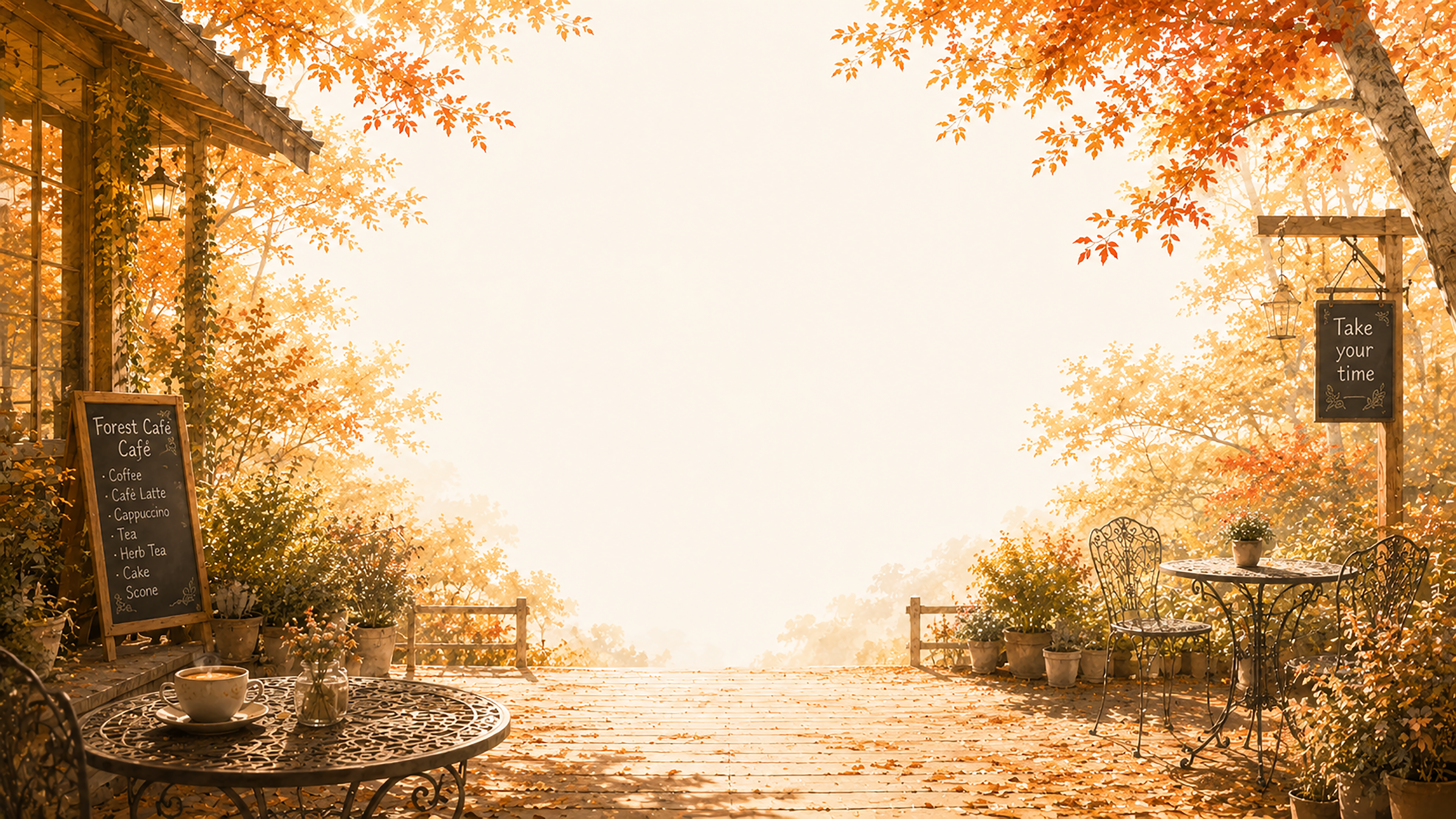 森のカフェテラス背景イラスト【無料・高画質】紅葉・もみじの秋背景素材93822に写真・文字を入れる