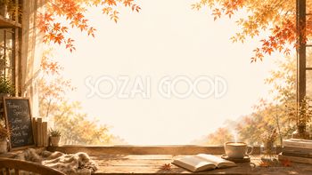 読書カフェ背景イラスト【無料・高画質】紅葉・もみじが見える秋背景素材93823