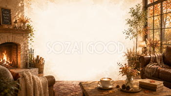 暖炉カフェ背景イラスト【無料・高画質】紅葉・もみじのホテルラウンジ背景素材93825