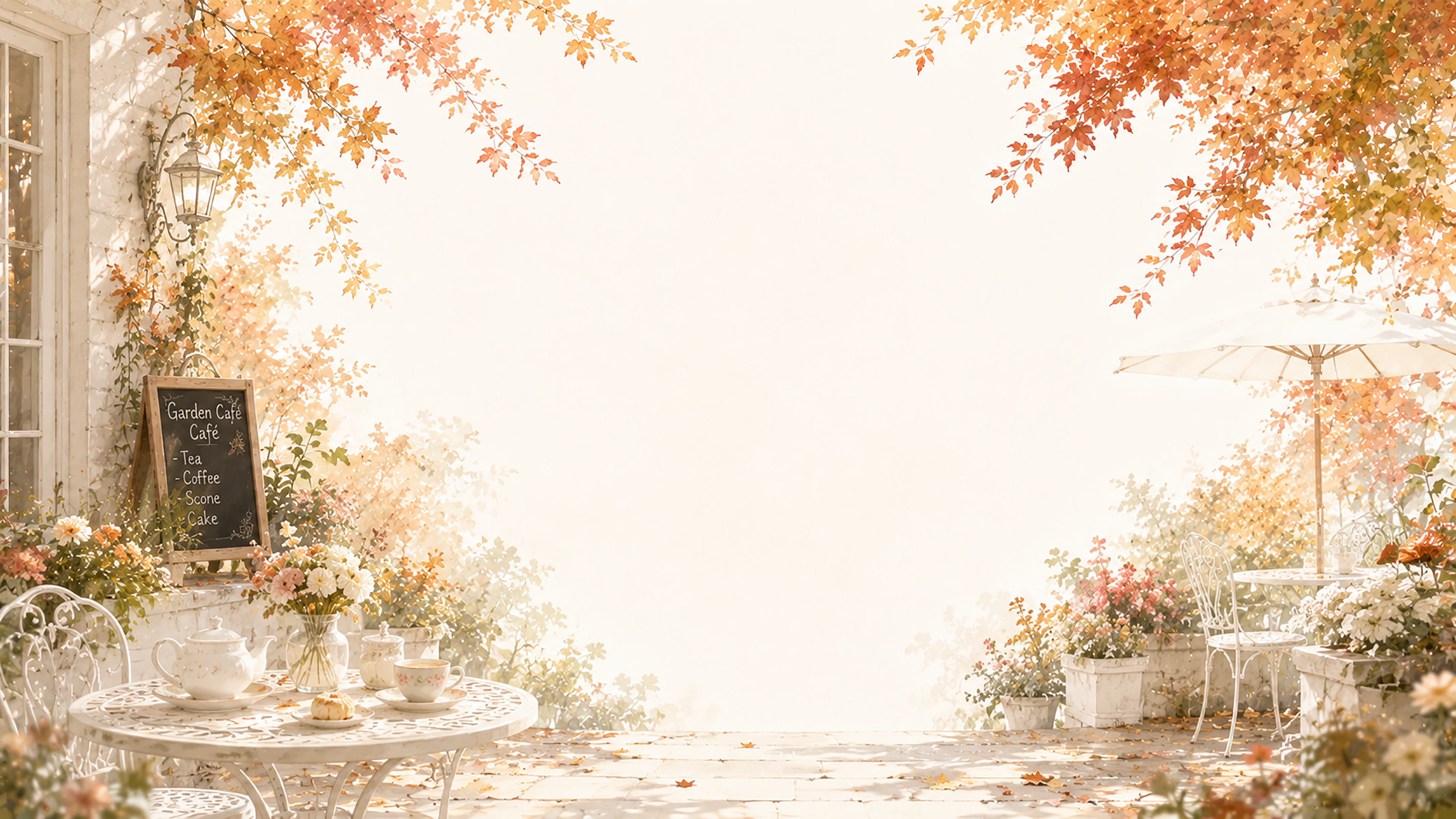 ガーデンカフェ背景イラスト【無料・高画質】紅葉・もみじの秋テラス背景素材93826に写真・文字を入れる