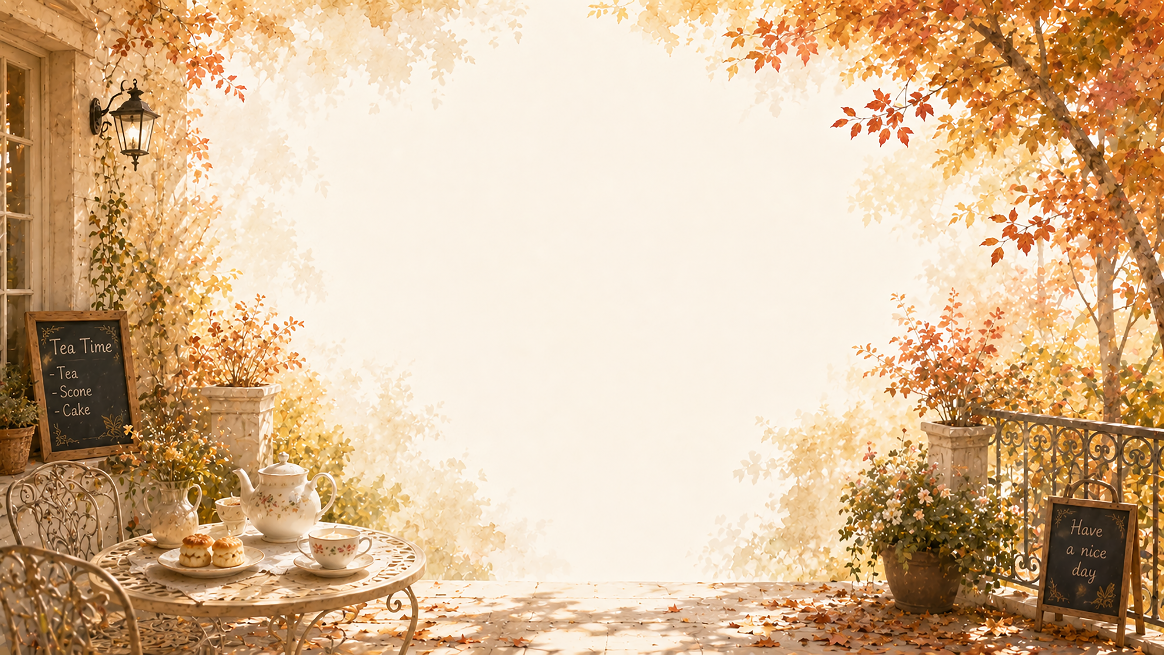 秋のティータイム背景イラスト【無料・高画質】紅葉・もみじのテラスカフェ背景素材93828に写真・文字を入れる
