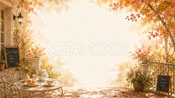 秋のティータイム背景イラスト【無料・高画質】紅葉・もみじのテラスカフェ背景素材93828
