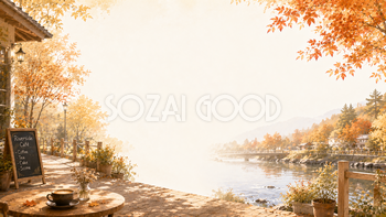 川辺のカフェ背景イラスト【無料・高画質】紅葉・もみじの秋風景背景素材93829