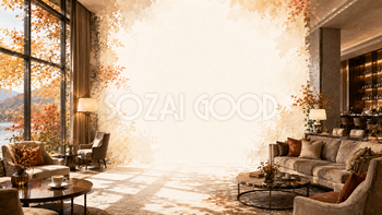ホテルラウンジ背景イラスト【無料・高画質】紅葉・もみじが見えるカフェ背景素材93830