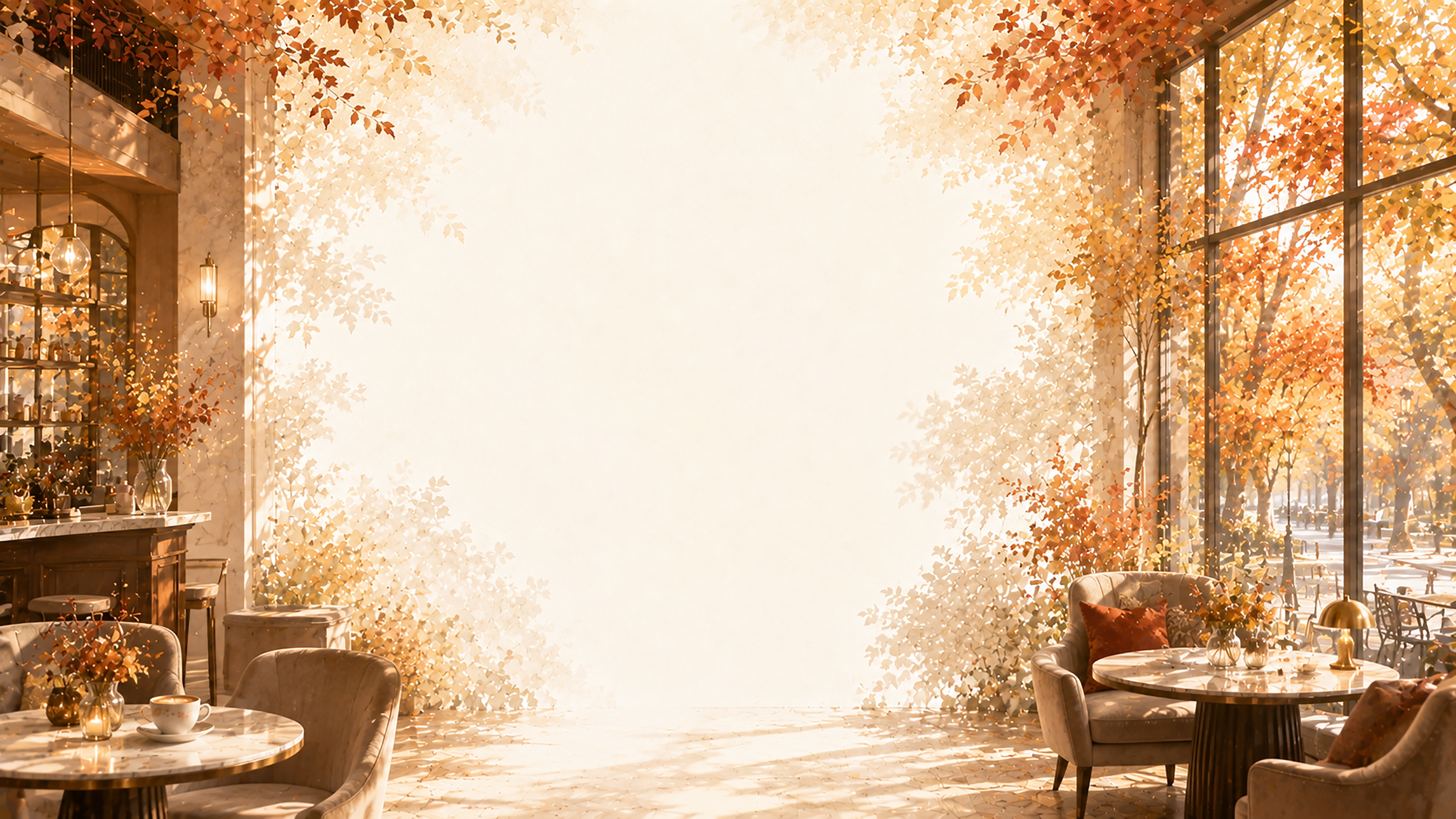 プレミアム秋カフェ背景イラスト【無料・高画質】紅葉・もみじと木漏れ日の背景素材93831に写真・文字を入れる