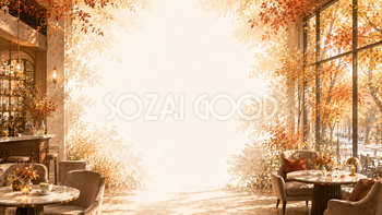 プレミアム秋カフェ背景イラスト【無料・高画質】紅葉・もみじと木漏れ日の背景素材93831