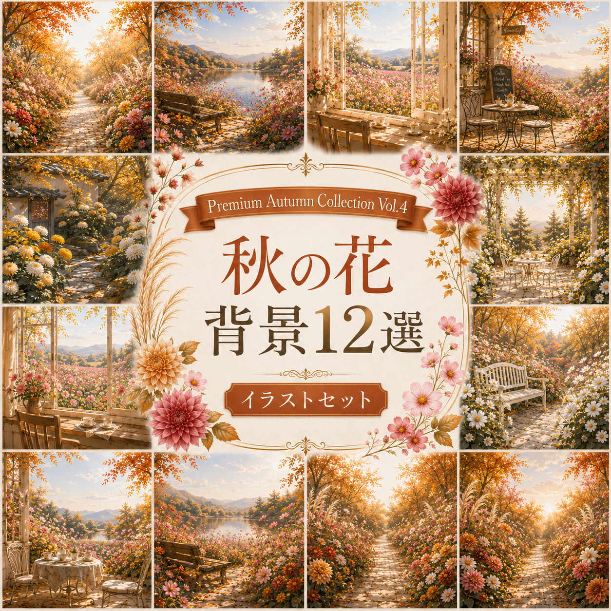 秋の花背景12選【無料・高画質】紅葉・もみじ・コスモス・ススキ・ダリア背景イラスト｜Premium Autumn Collection Vol.4　93832に写真・文字を入れる