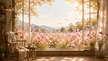 コスモス窓背景【無料・高画質】紅葉・もみじを眺める秋背景イラスト93838