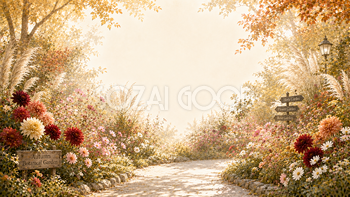 秋の植物園背景【無料・高画質】紅葉・もみじ・コスモス・ダリア背景イラスト93839